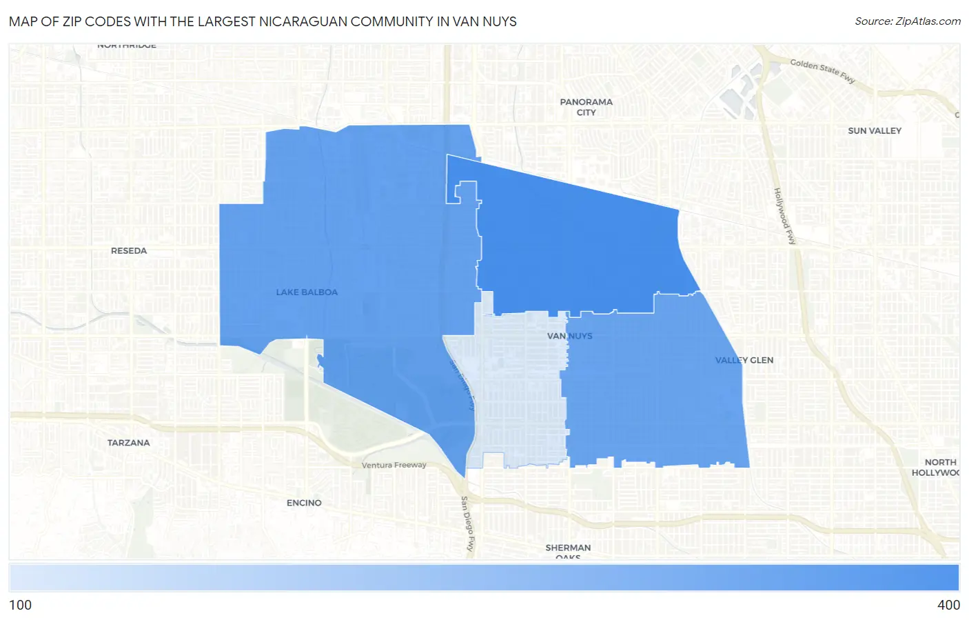 Zip Codes with the Largest Nicaraguan Community in Van Nuys Map