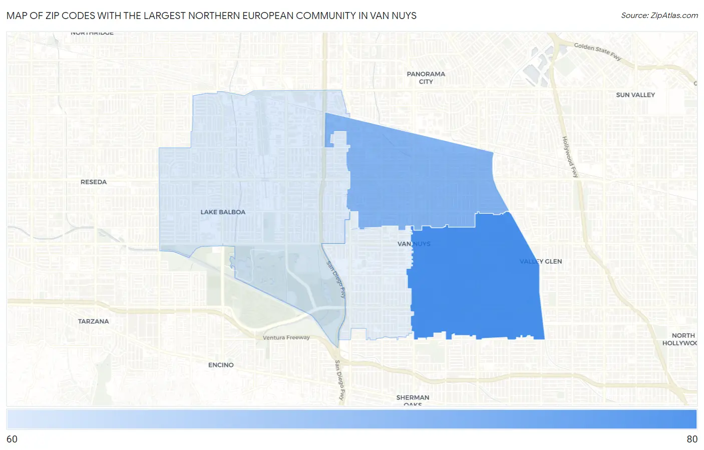 Zip Codes with the Largest Northern European Community in Van Nuys Map
