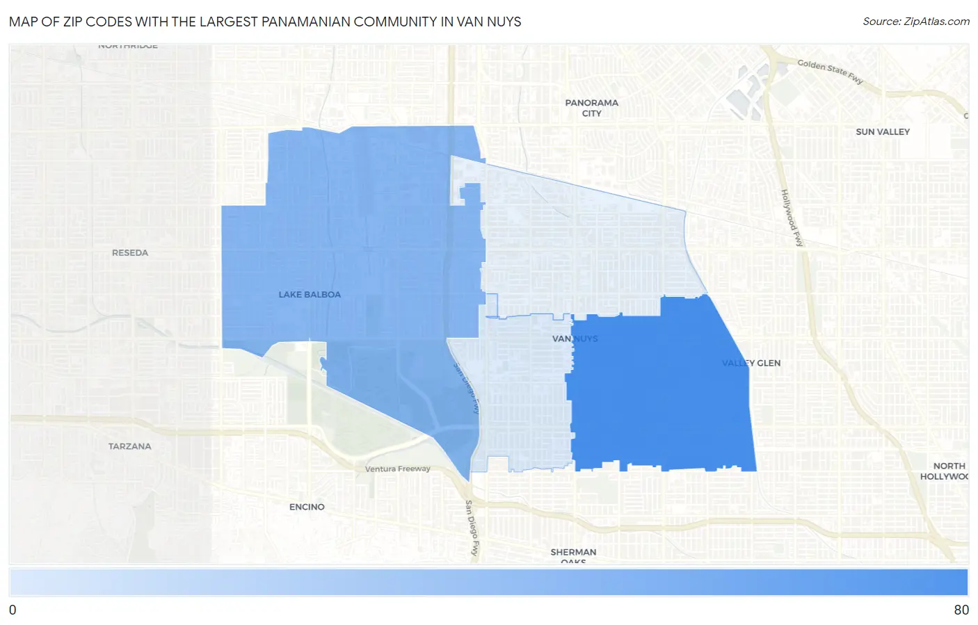 Zip Codes with the Largest Panamanian Community in Van Nuys Map