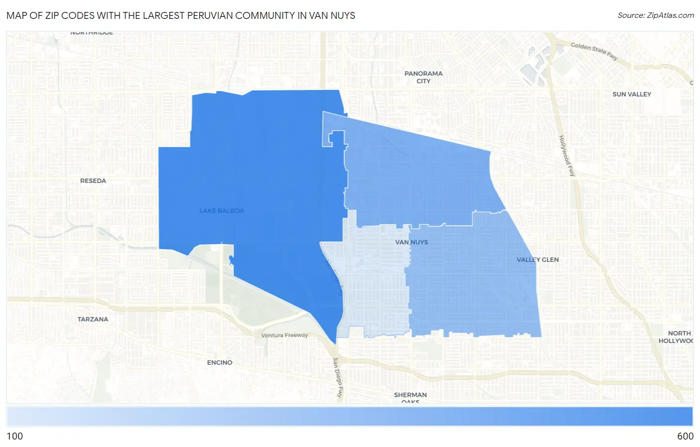 Zip Codes with the Largest Peruvian Community in Van Nuys Map