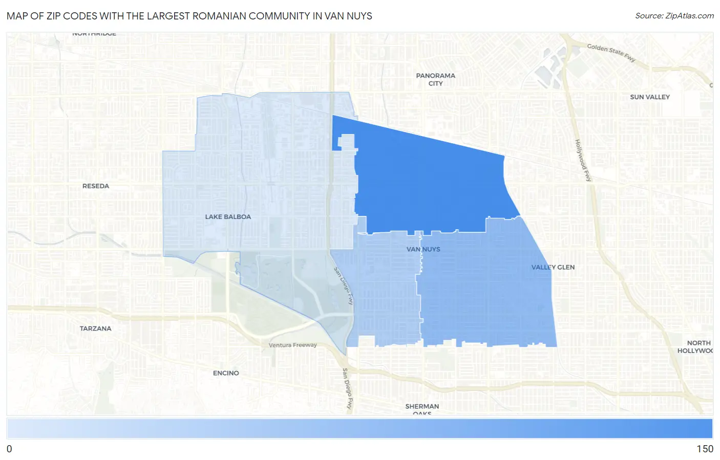 Zip Codes with the Largest Romanian Community in Van Nuys Map