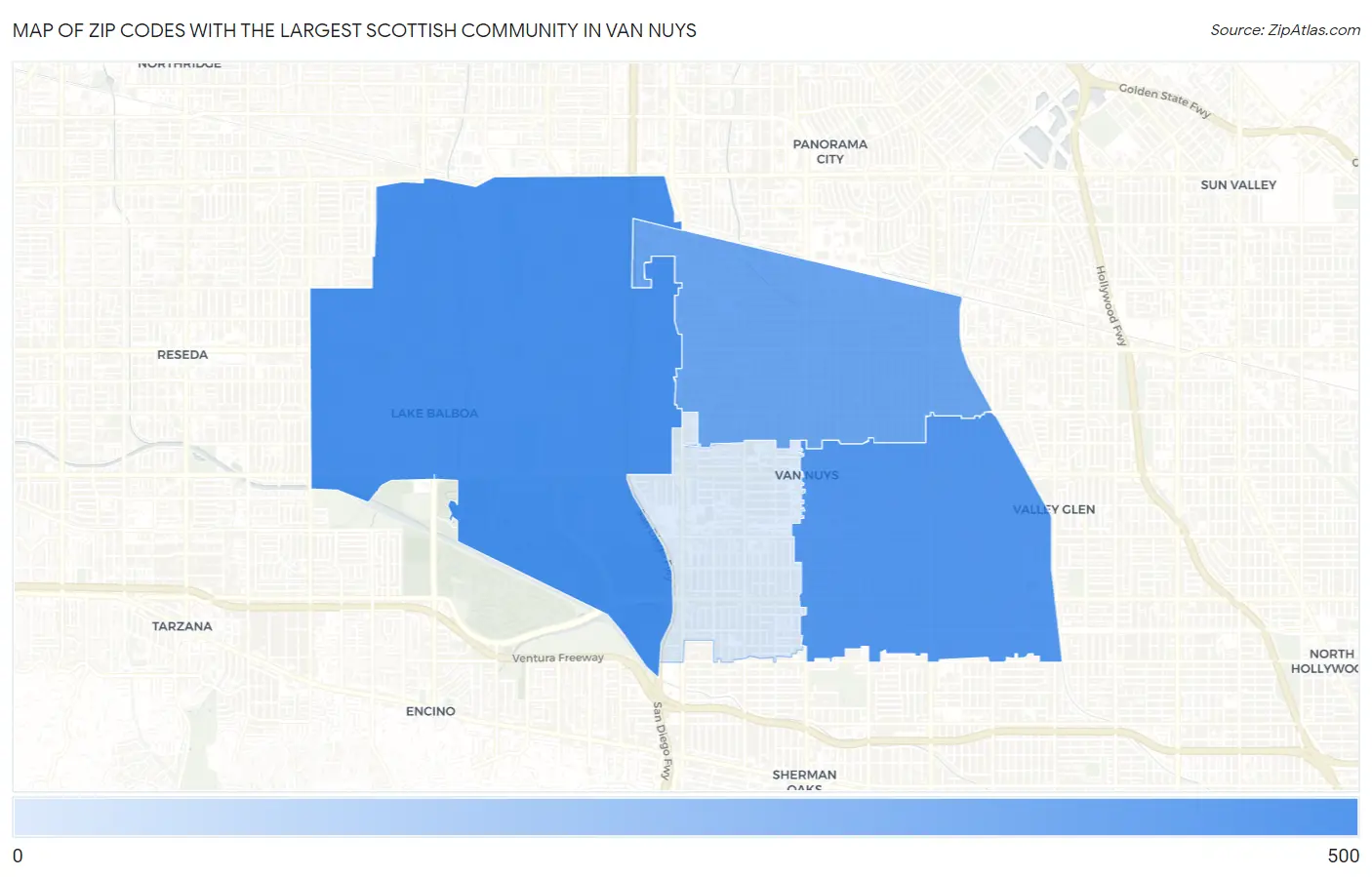 Zip Codes with the Largest Scottish Community in Van Nuys Map