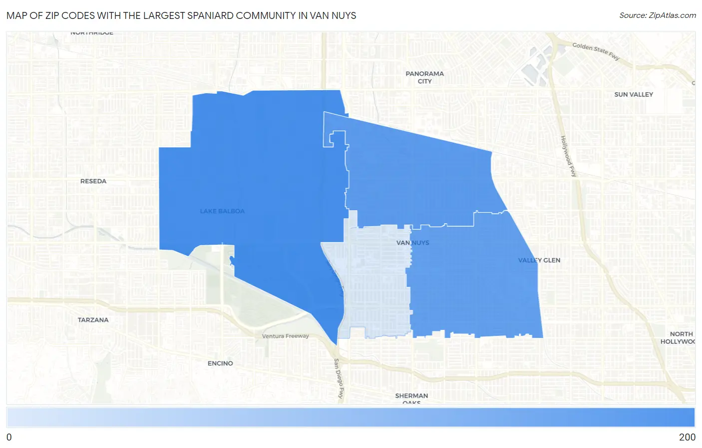 Zip Codes with the Largest Spaniard Community in Van Nuys Map