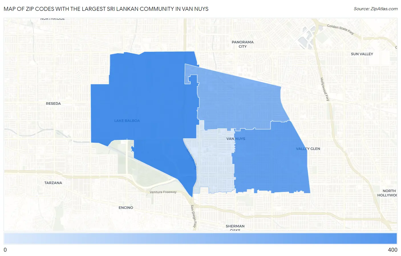 Zip Codes with the Largest Sri Lankan Community in Van Nuys Map