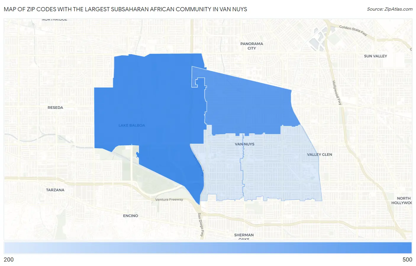Zip Codes with the Largest Subsaharan African Community in Van Nuys Map