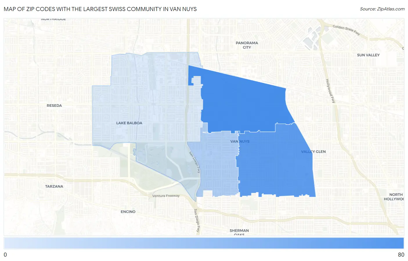 Zip Codes with the Largest Swiss Community in Van Nuys Map