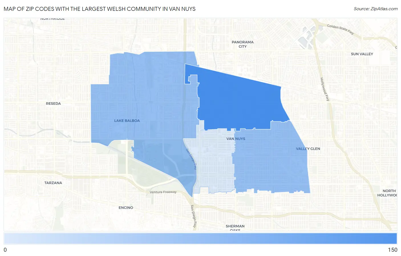Zip Codes with the Largest Welsh Community in Van Nuys Map