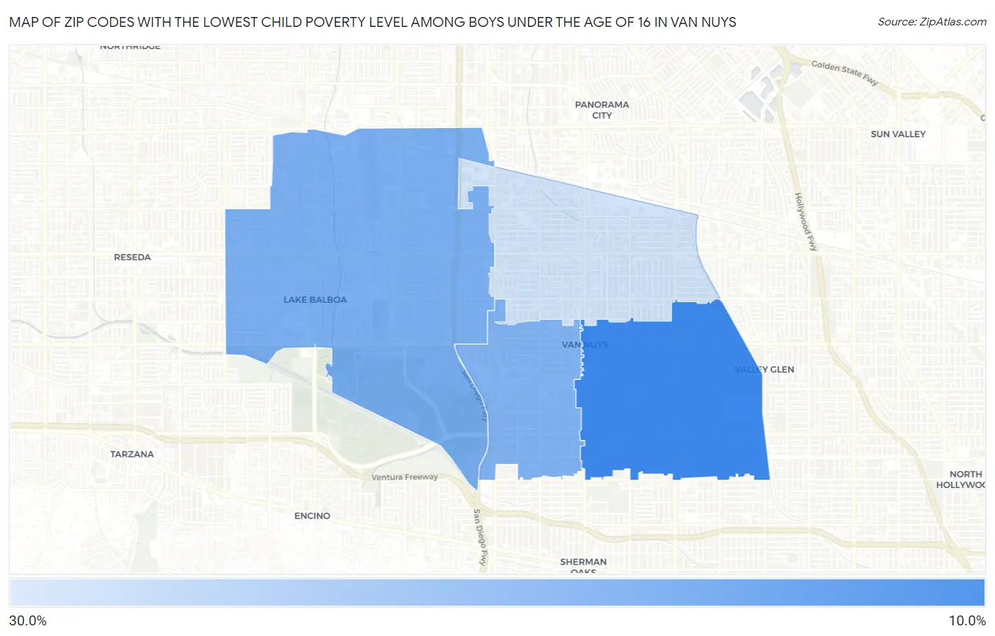 Zip Codes with the Lowest Child Poverty Level Among Boys Under the Age of 16 in Van Nuys Map