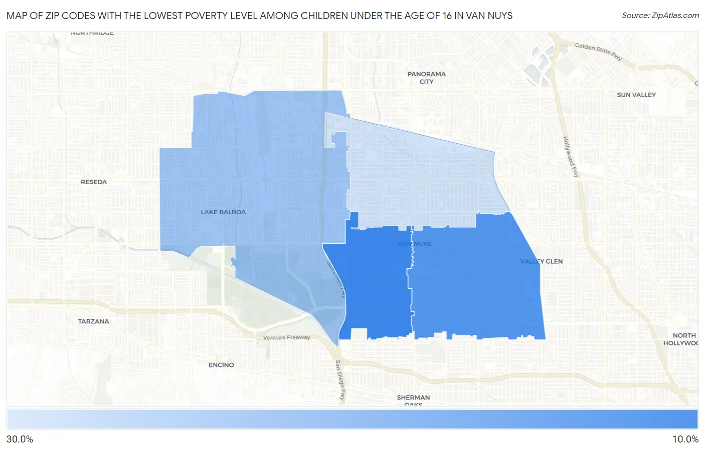 Zip Codes with the Lowest Poverty Level Among Children Under the Age of 16 in Van Nuys Map