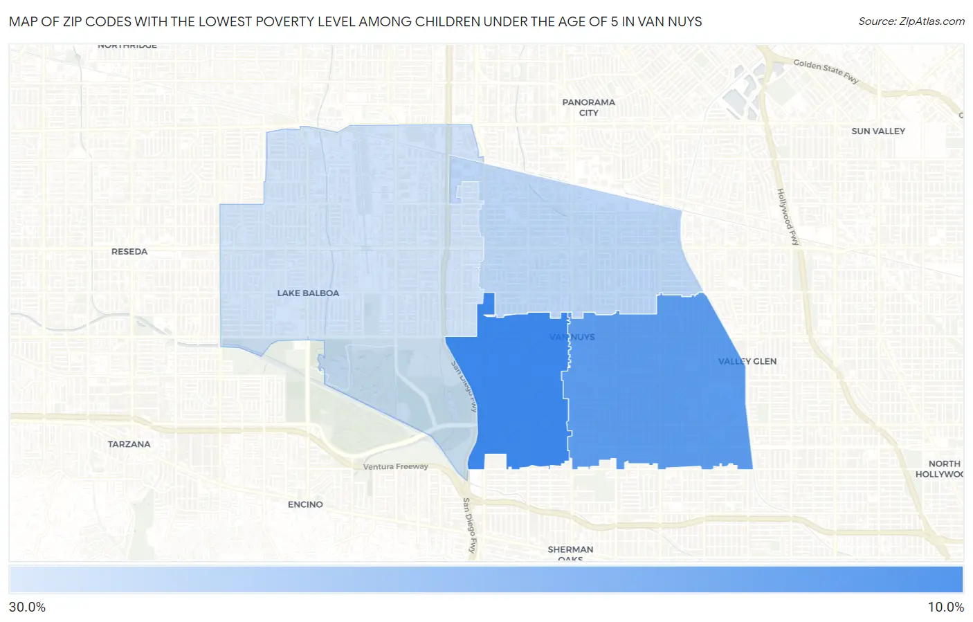 Zip Codes with the Lowest Poverty Level Among Children Under the Age of 5 in Van Nuys Map