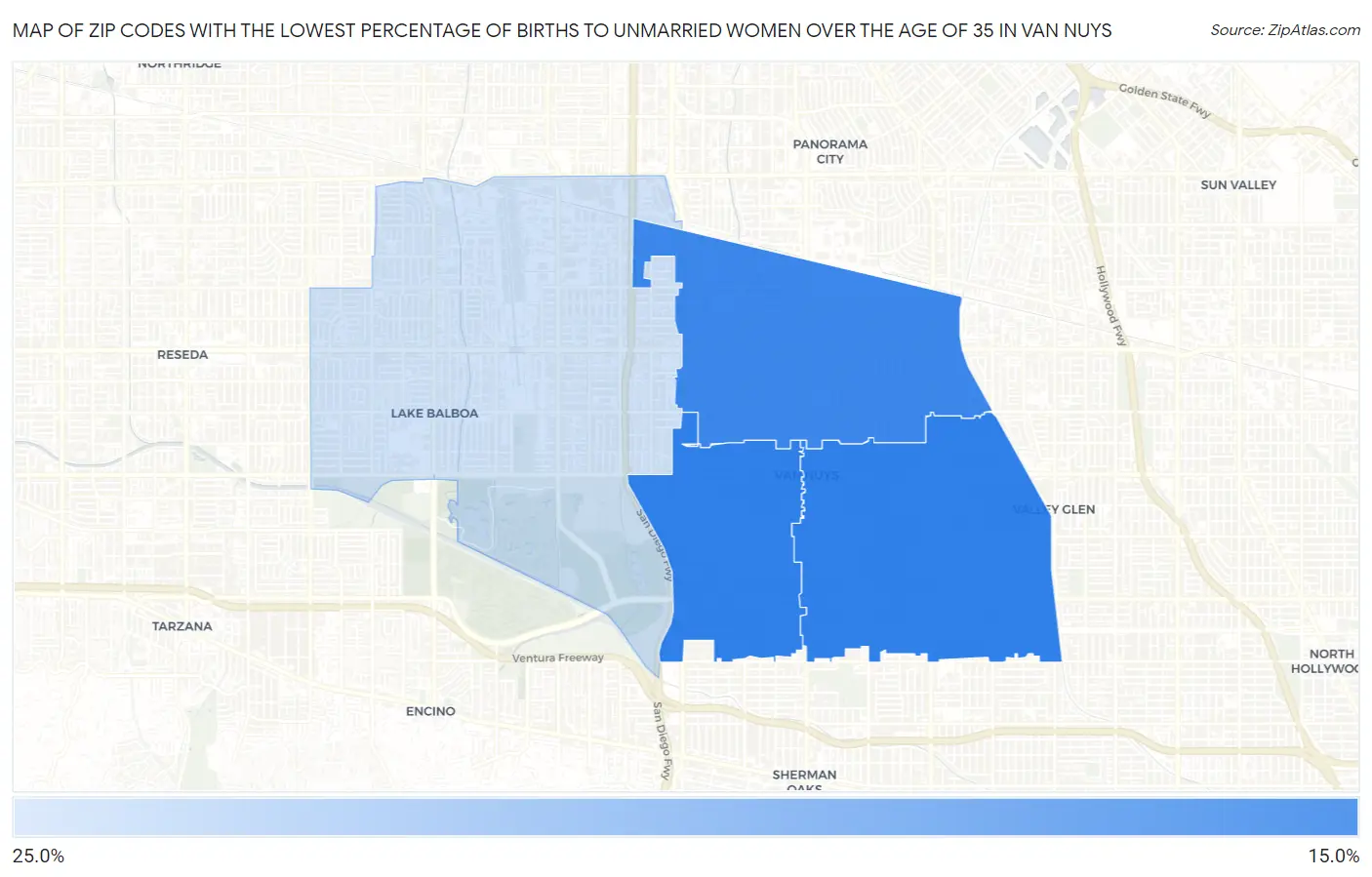 Zip Codes with the Lowest Percentage of Births to Unmarried Women over the Age of 35 in Van Nuys Map