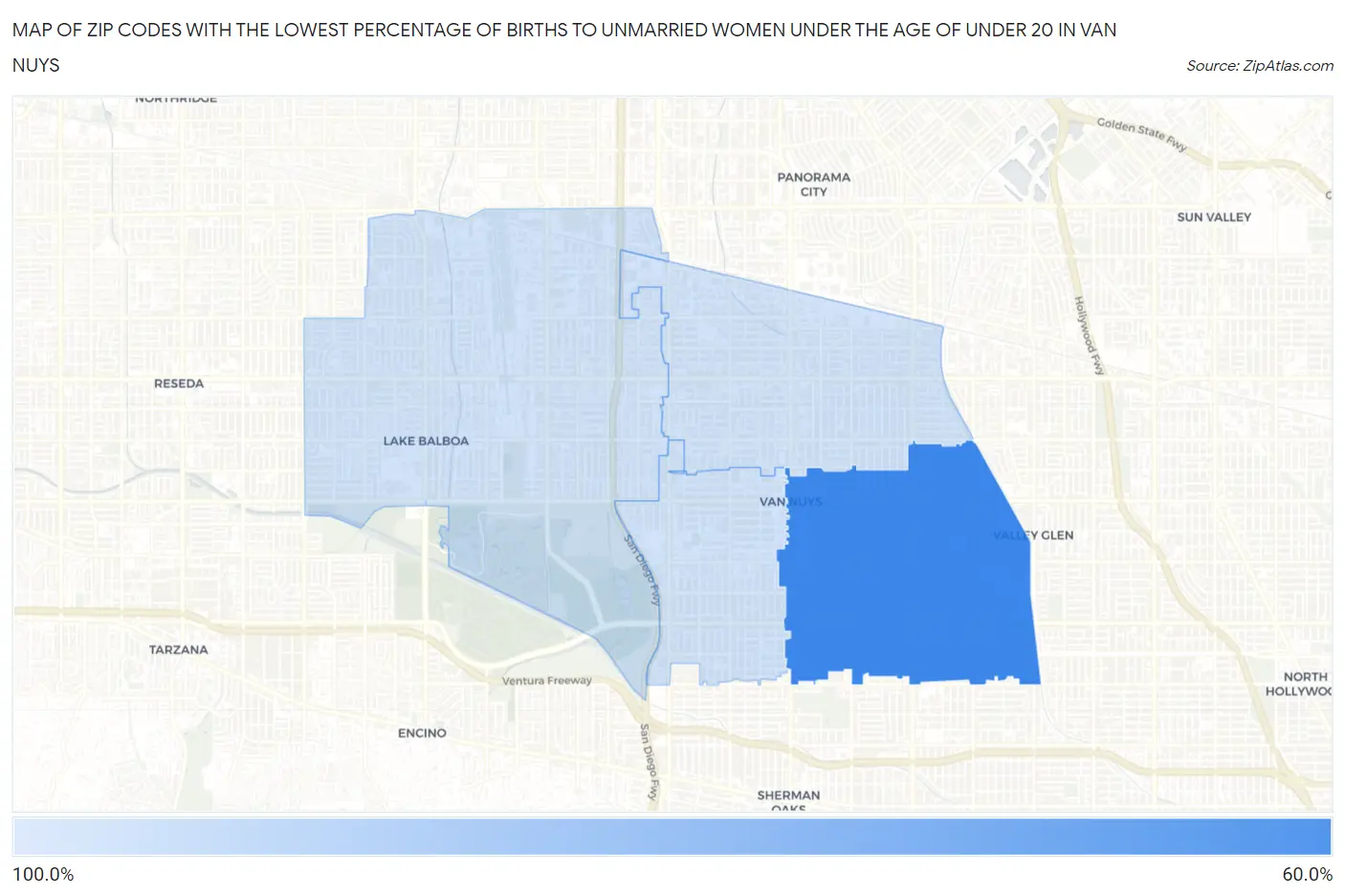 Zip Codes with the Lowest Percentage of Births to Unmarried Women under the Age of under 20 in Van Nuys Map