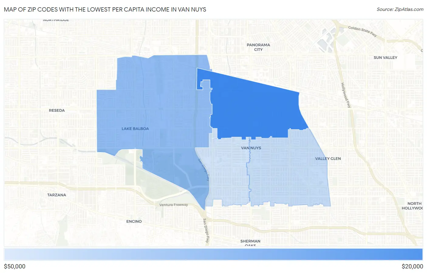 Zip Codes with the Lowest Per Capita Income in Van Nuys Map