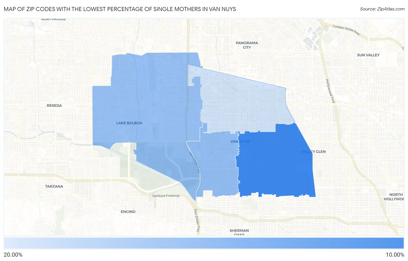 Zip Codes with the Lowest Percentage of Single Mothers in Van Nuys Map