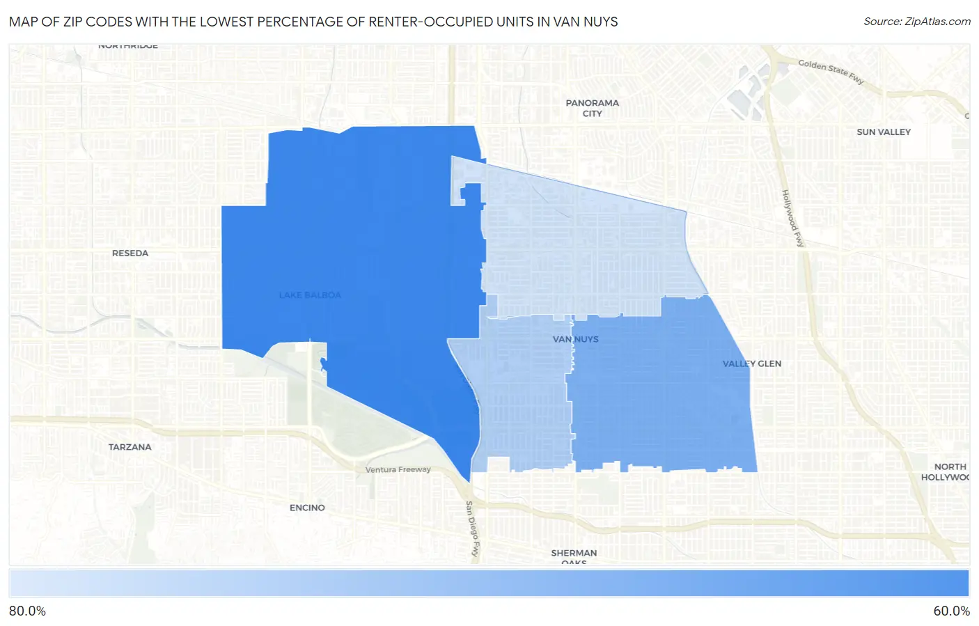 Zip Codes with the Lowest Percentage of Renter-Occupied Units in Van Nuys Map
