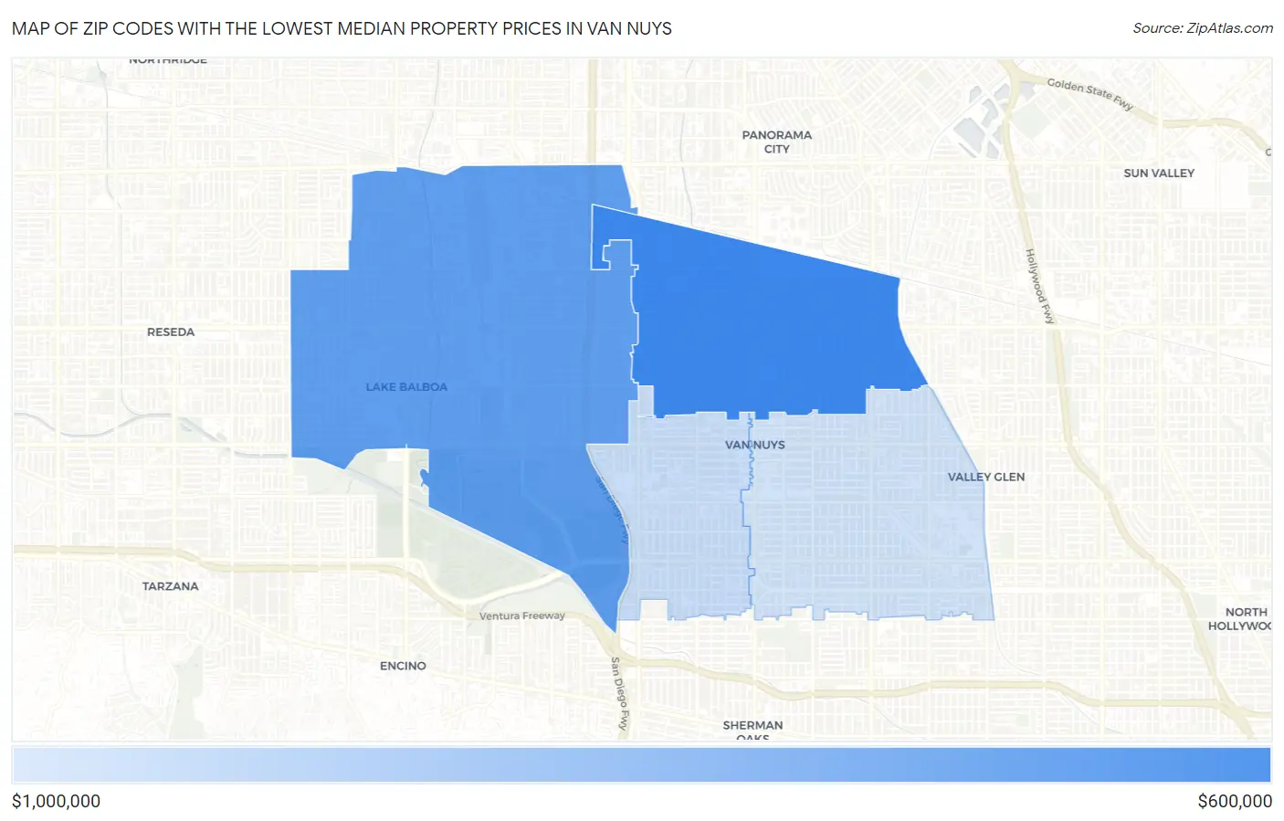 Zip Codes with the Lowest Median Property Prices in Van Nuys Map