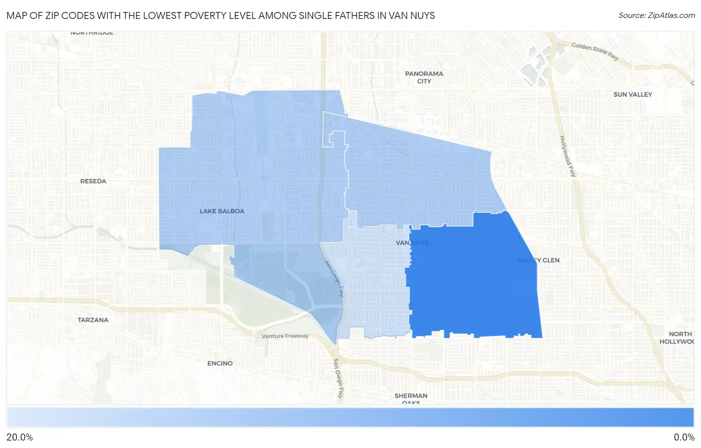 Zip Codes with the Lowest Poverty Level Among Single Fathers in Van Nuys Map