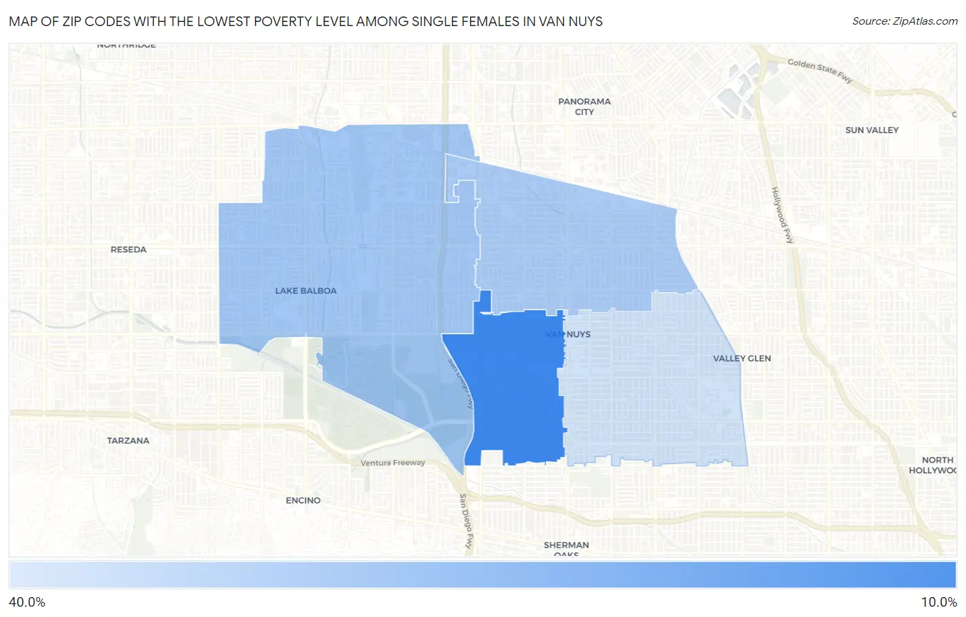 Zip Codes with the Lowest Poverty Level Among Single Females in Van Nuys Map