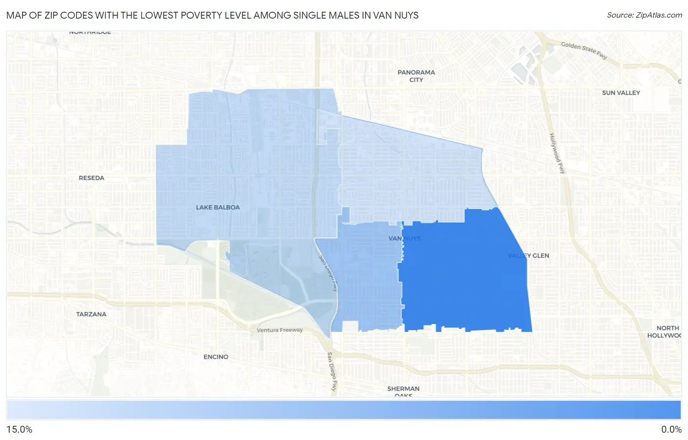 Zip Codes with the Lowest Poverty Level Among Single Males in Van Nuys Map