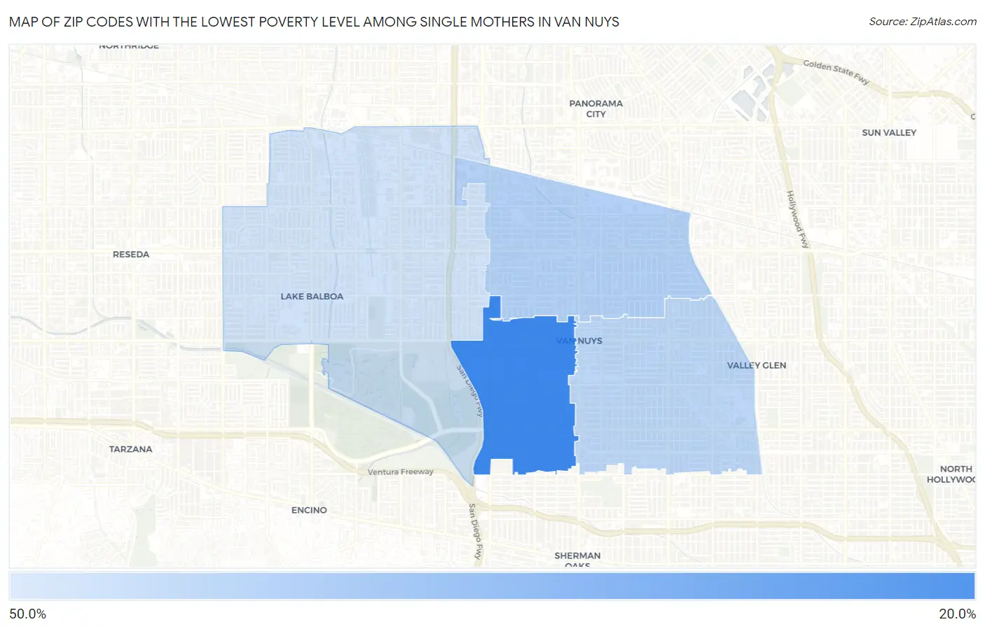 Zip Codes with the Lowest Poverty Level Among Single Mothers in Van Nuys Map