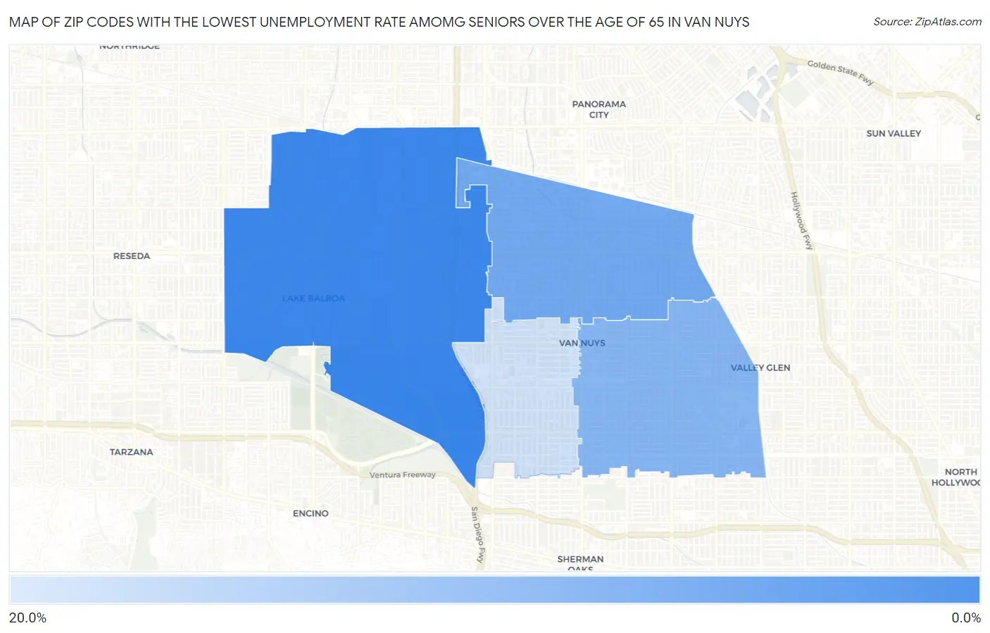 Zip Codes with the Lowest Unemployment Rate Amomg Seniors Over the Age of 65 in Van Nuys Map