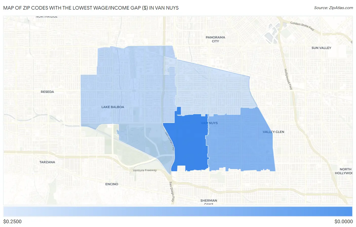 Zip Codes with the Lowest Wage/Income Gap ($) in Van Nuys Map