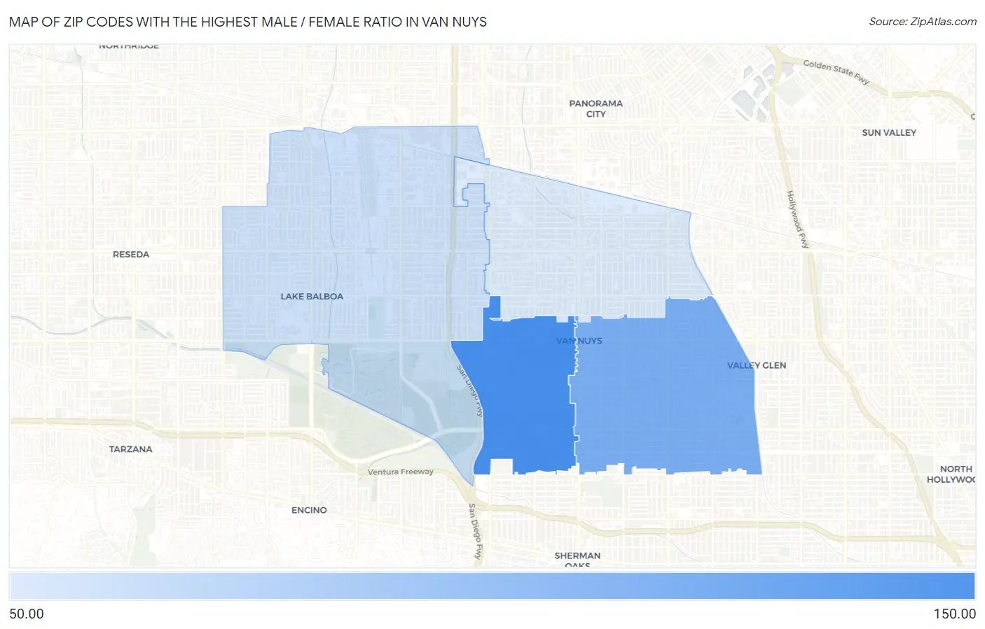 Zip Codes with the Highest Male / Female Ratio in Van Nuys Map