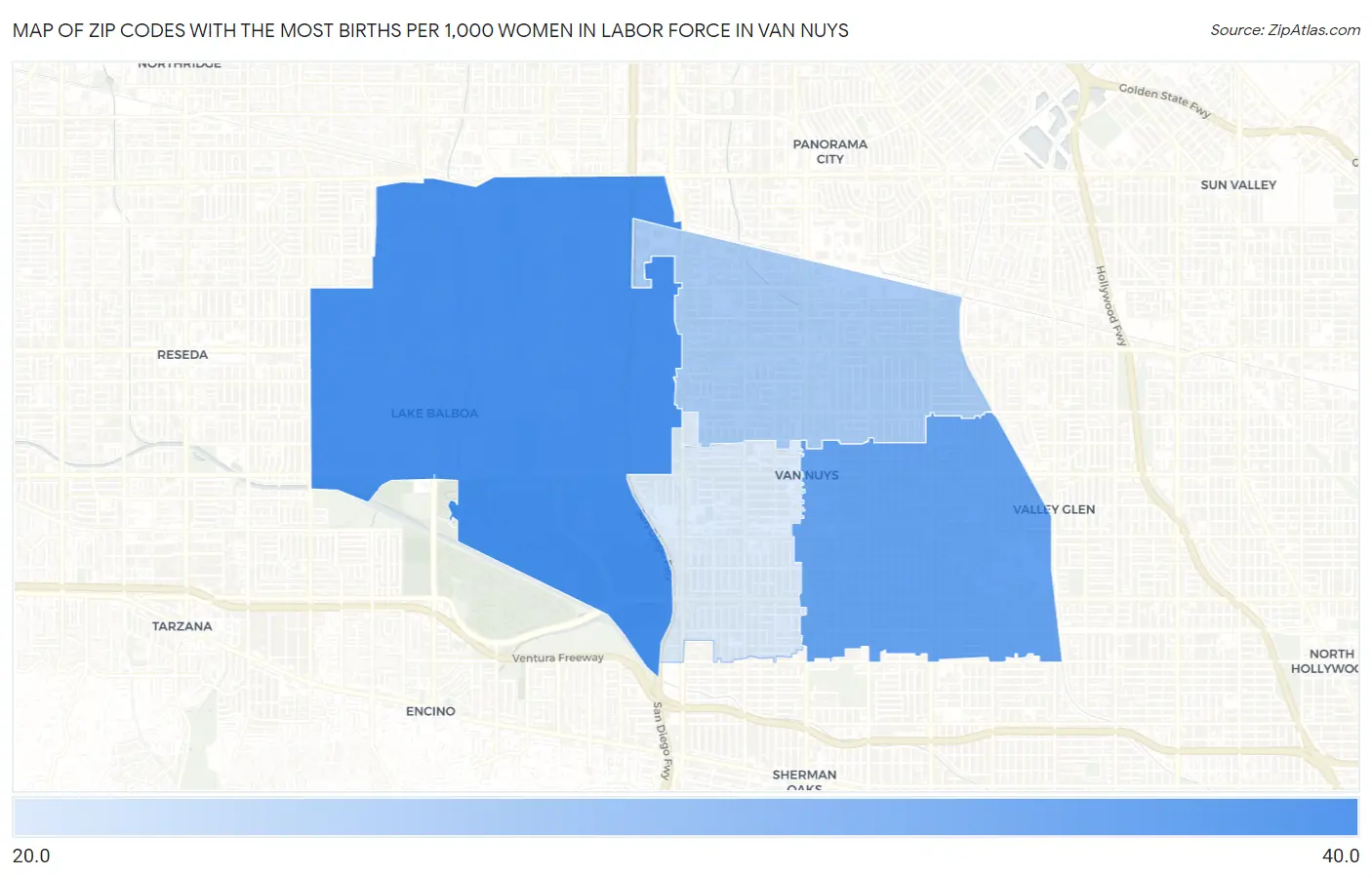Zip Codes with the Most Births per 1,000 Women in Labor Force in Van Nuys Map