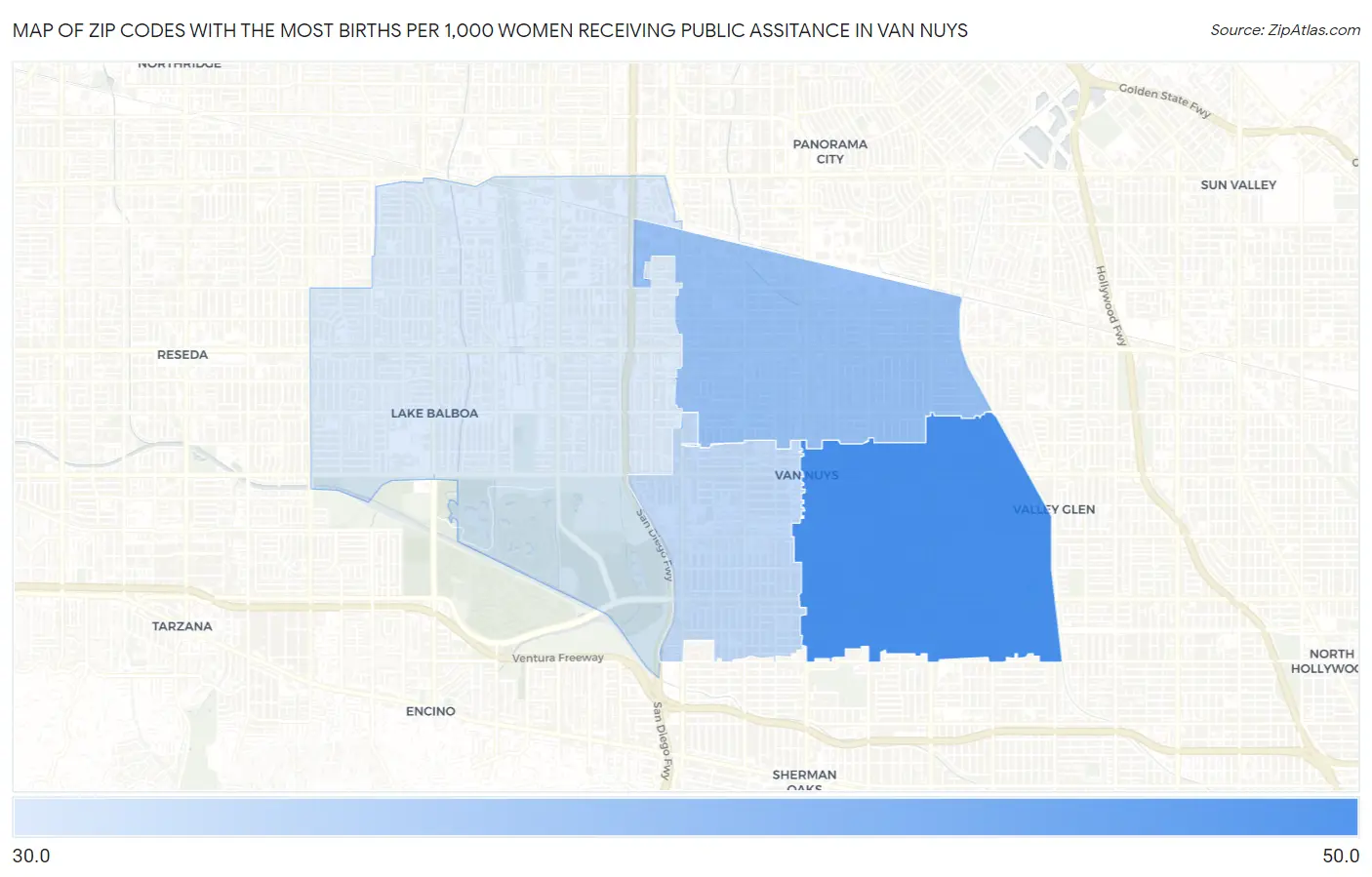 Zip Codes with the Most Births per 1,000 Women Receiving Public Assitance in Van Nuys Map