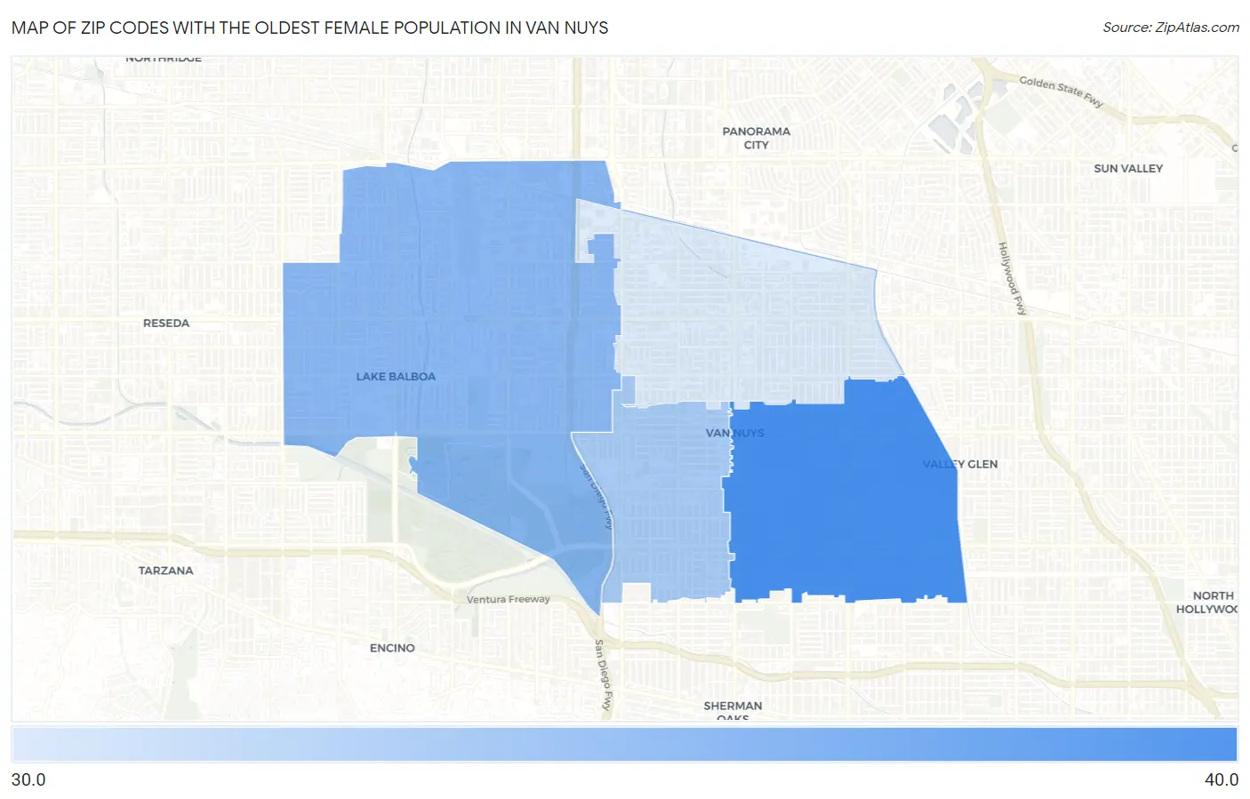 Zip Codes with the Oldest Female Population in Van Nuys Map