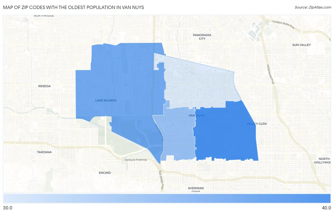 Zip Codes with the Oldest Population in Van Nuys Map