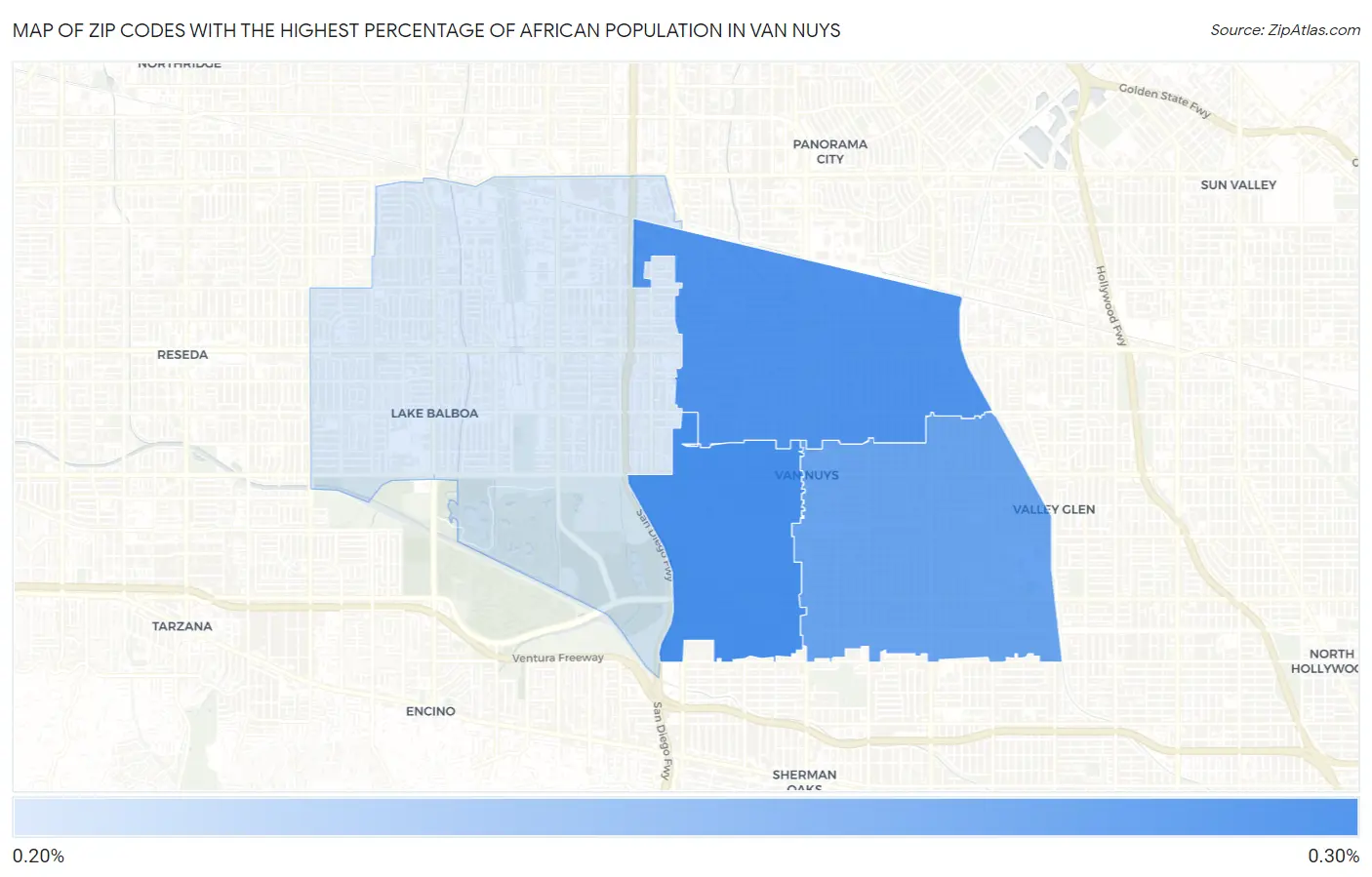 Zip Codes with the Highest Percentage of African Population in Van Nuys Map