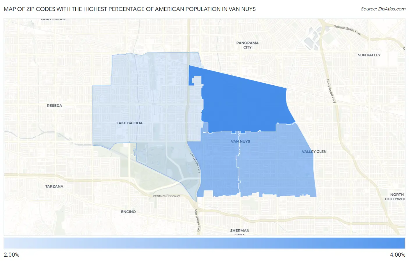 Zip Codes with the Highest Percentage of American Population in Van Nuys Map