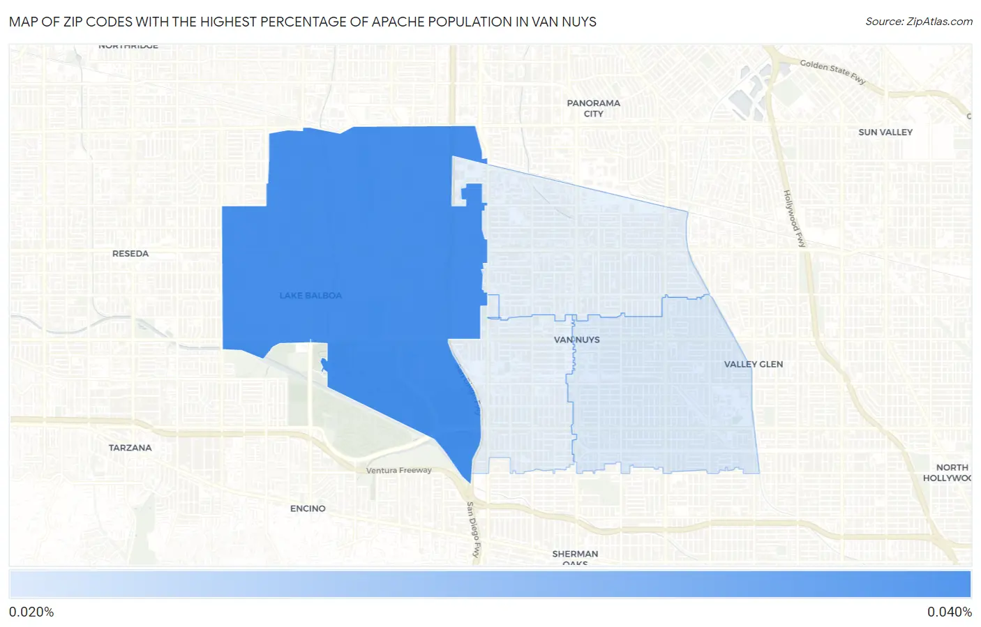 Zip Codes with the Highest Percentage of Apache Population in Van Nuys Map