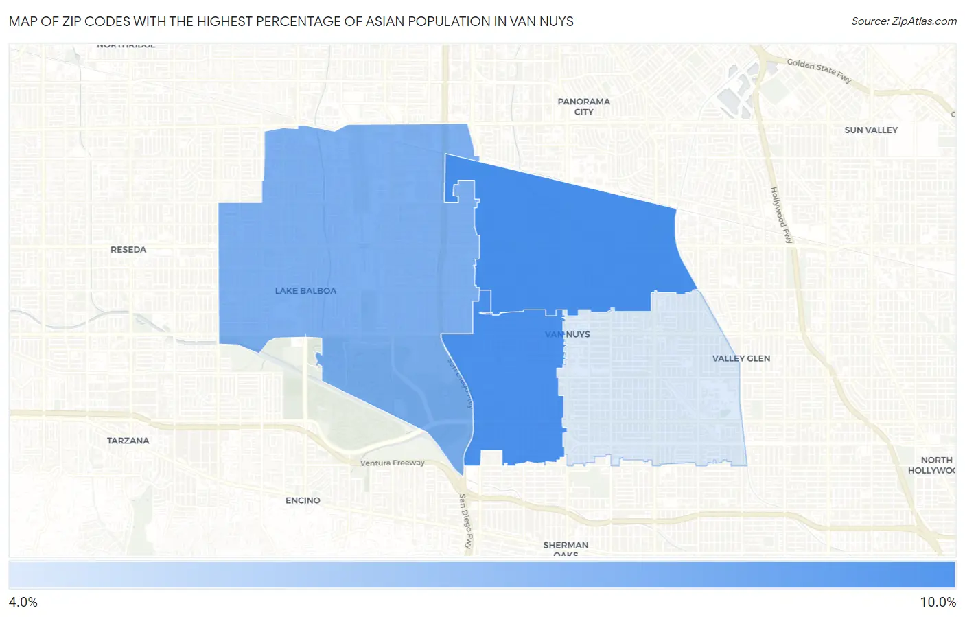 Zip Codes with the Highest Percentage of Asian Population in Van Nuys Map