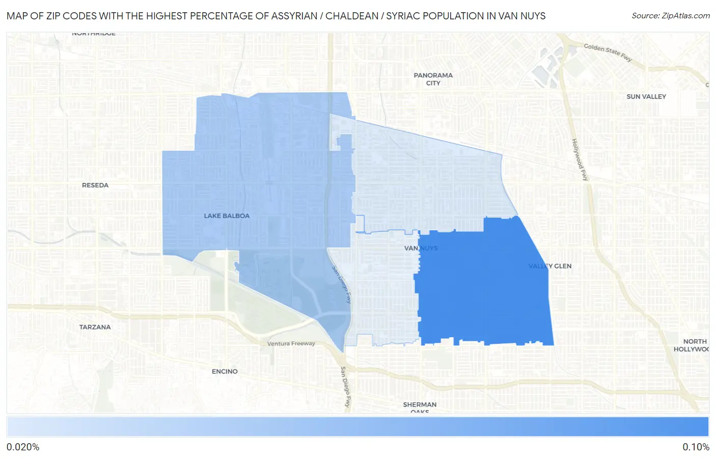 Zip Codes with the Highest Percentage of Assyrian / Chaldean / Syriac Population in Van Nuys Map