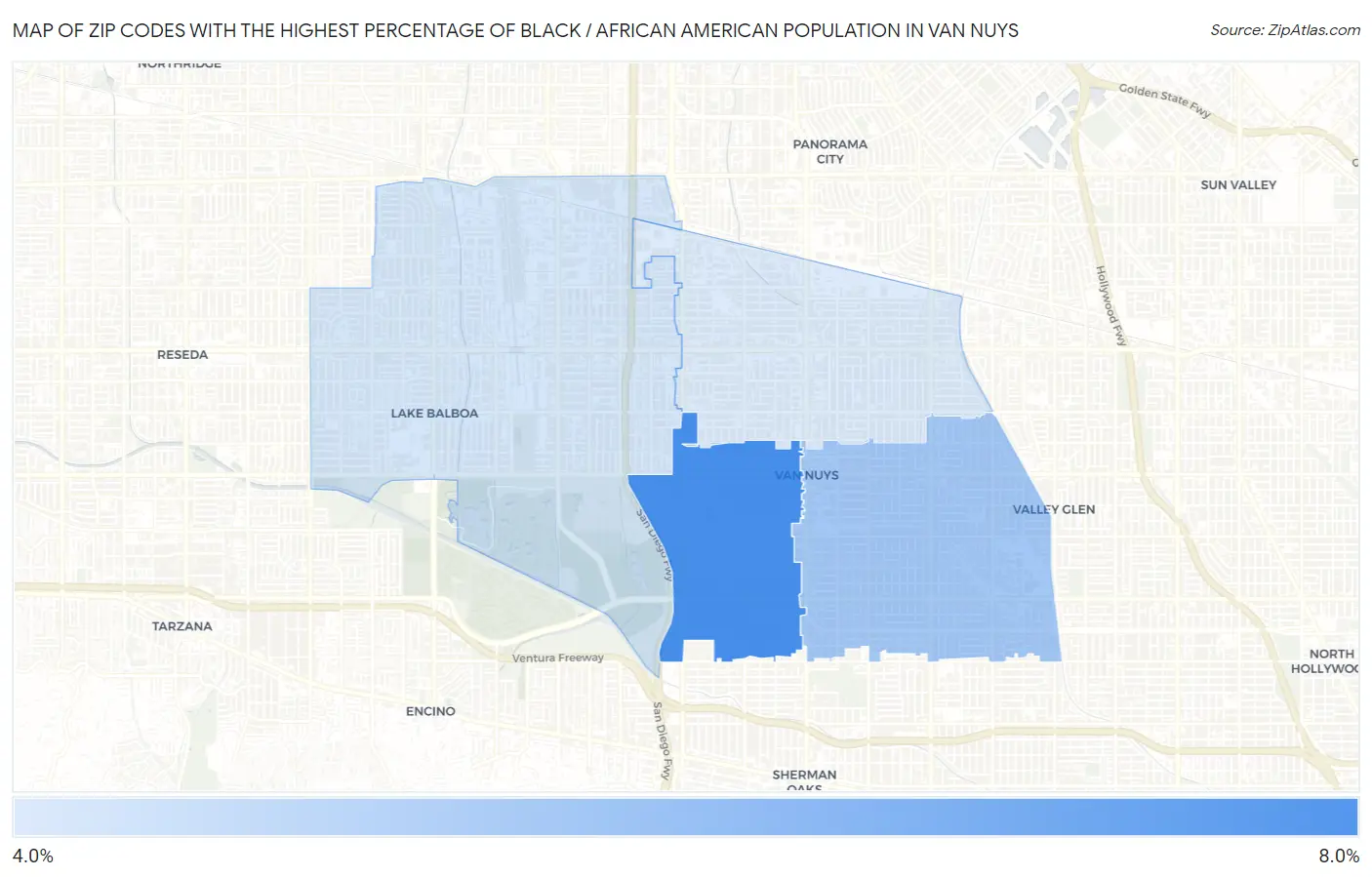 Zip Codes with the Highest Percentage of Black / African American Population in Van Nuys Map