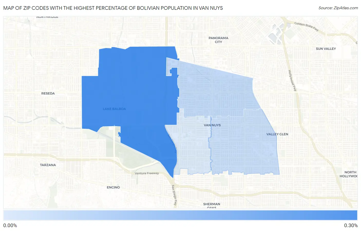 Zip Codes with the Highest Percentage of Bolivian Population in Van Nuys Map