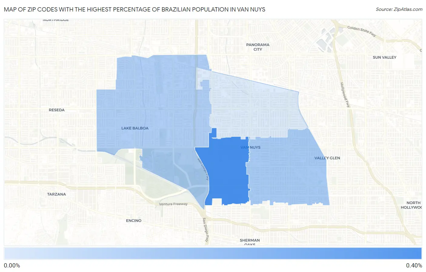 Zip Codes with the Highest Percentage of Brazilian Population in Van Nuys Map