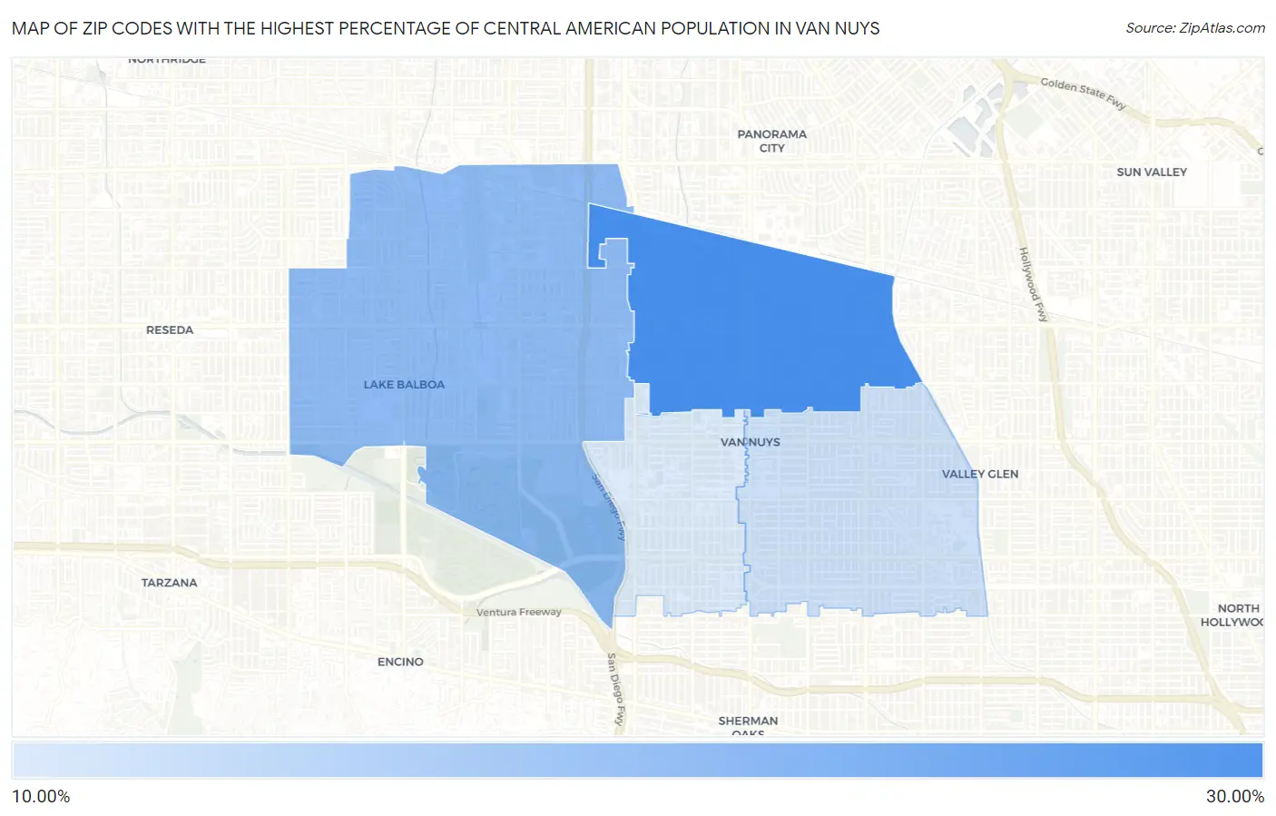 Zip Codes with the Highest Percentage of Central American Population in Van Nuys Map