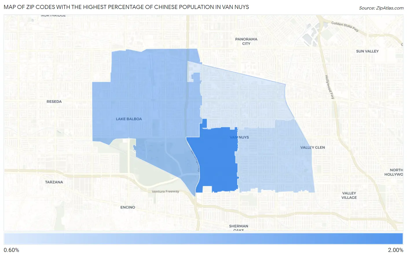 Zip Codes with the Highest Percentage of Chinese Population in Van Nuys Map
