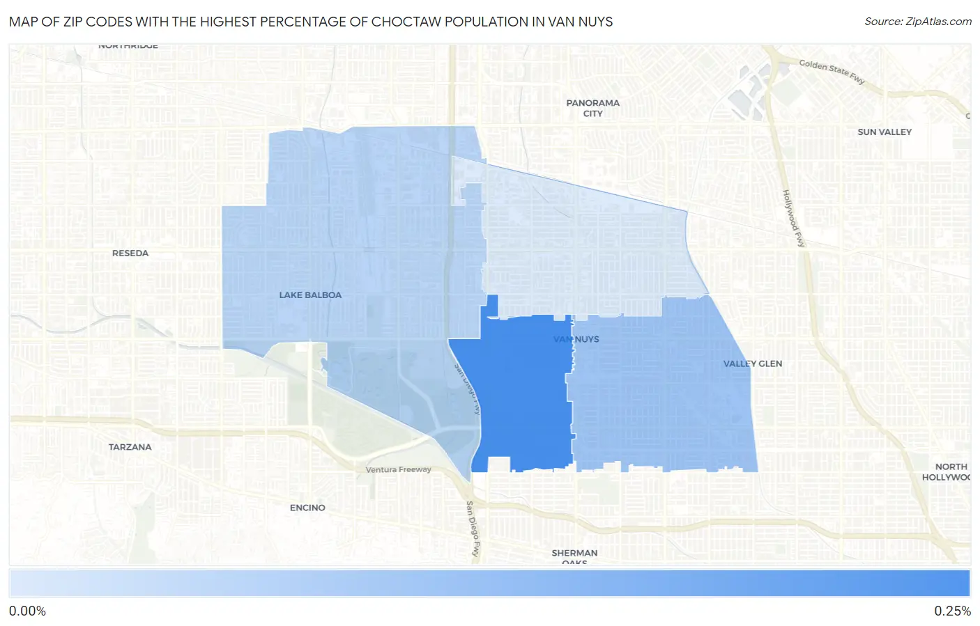 Zip Codes with the Highest Percentage of Choctaw Population in Van Nuys Map