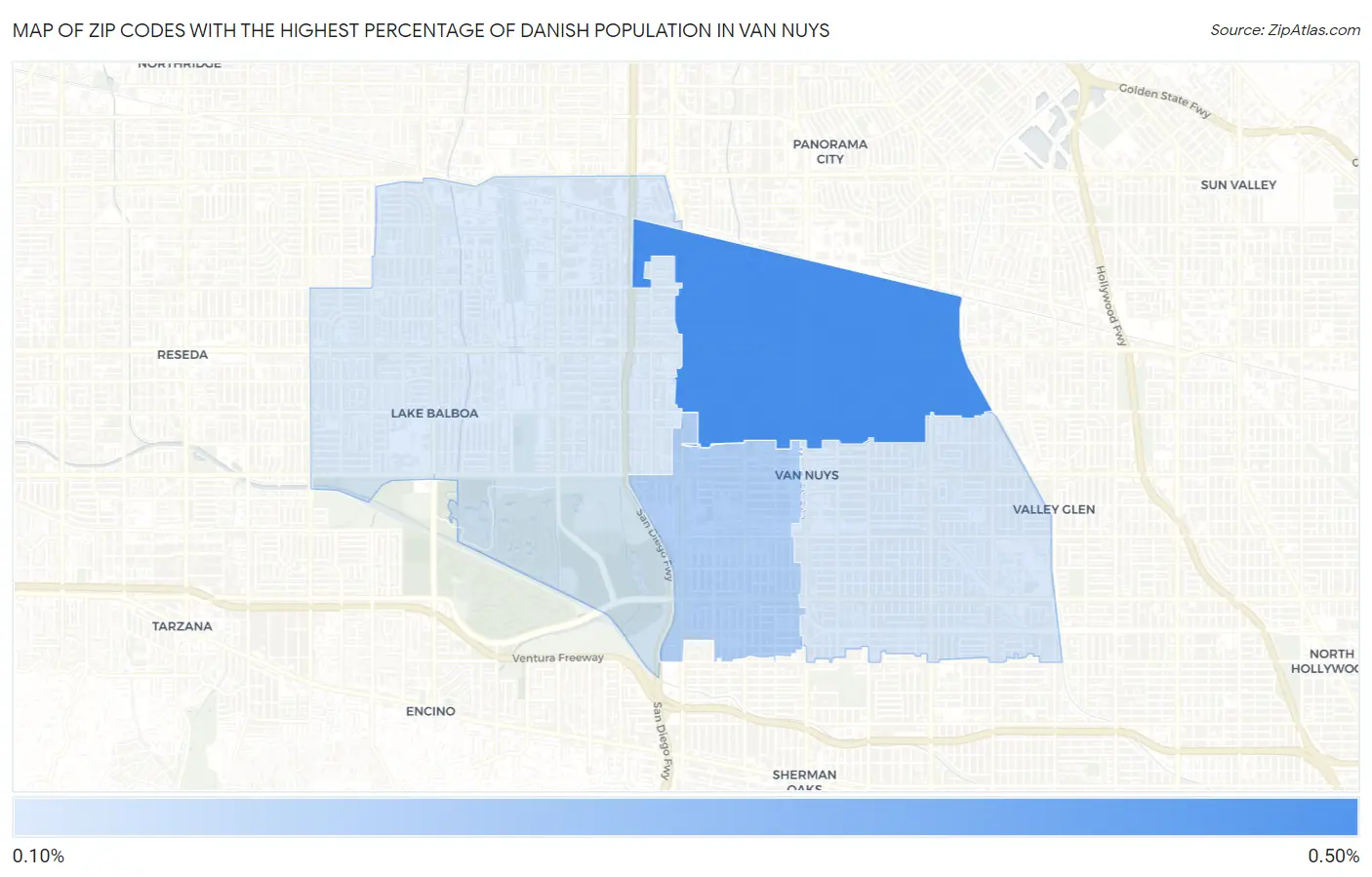 Zip Codes with the Highest Percentage of Danish Population in Van Nuys Map
