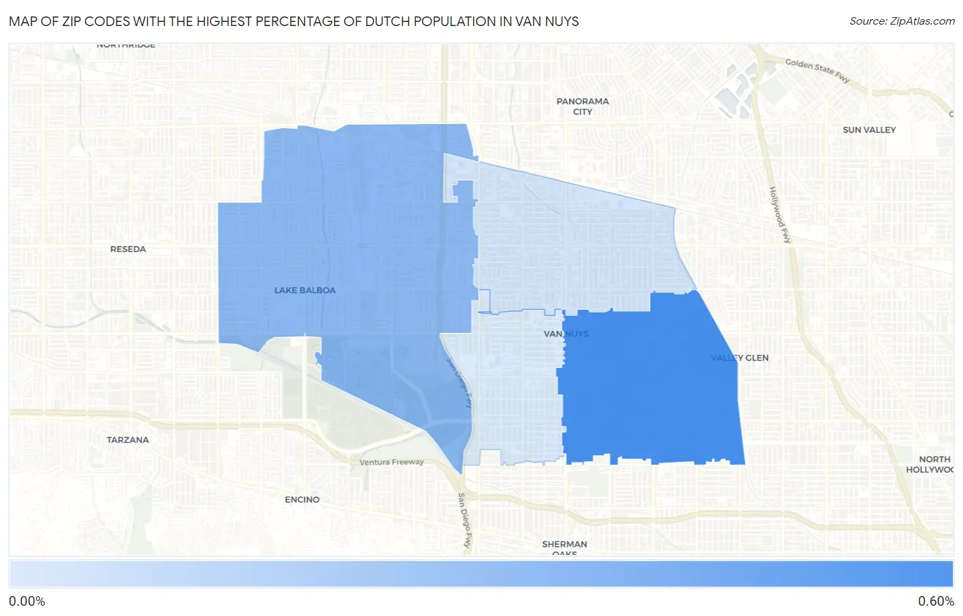 Zip Codes with the Highest Percentage of Dutch Population in Van Nuys Map