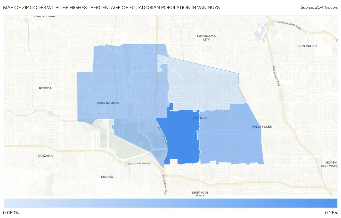 Zip Codes with the Highest Percentage of Ecuadorian Population in Van Nuys Map