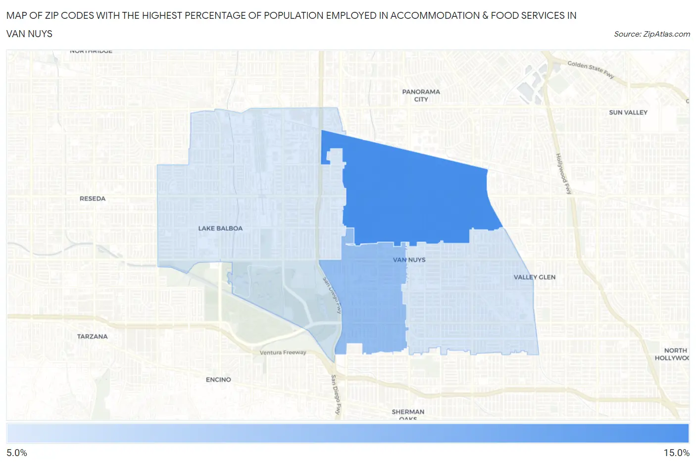 Zip Codes with the Highest Percentage of Population Employed in Accommodation & Food Services in Van Nuys Map