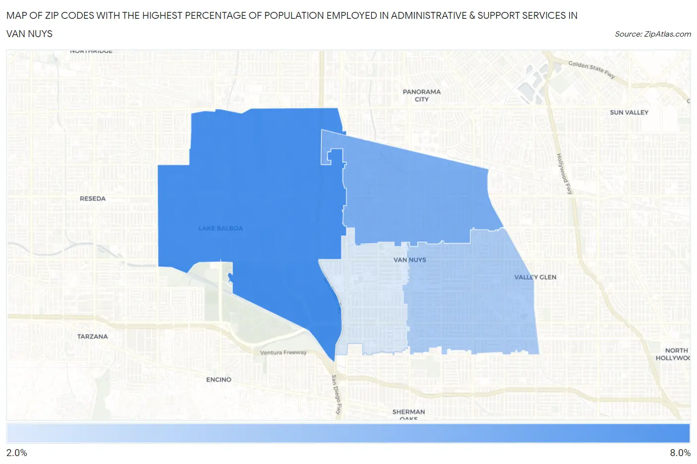 Zip Codes with the Highest Percentage of Population Employed in Administrative & Support Services in Van Nuys Map