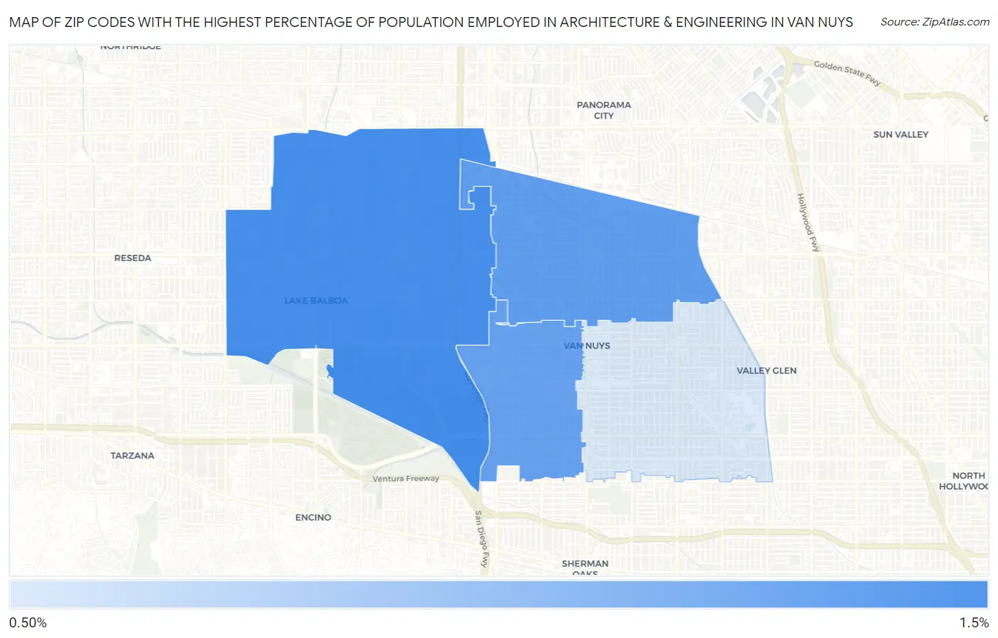 Zip Codes with the Highest Percentage of Population Employed in Architecture & Engineering in Van Nuys Map