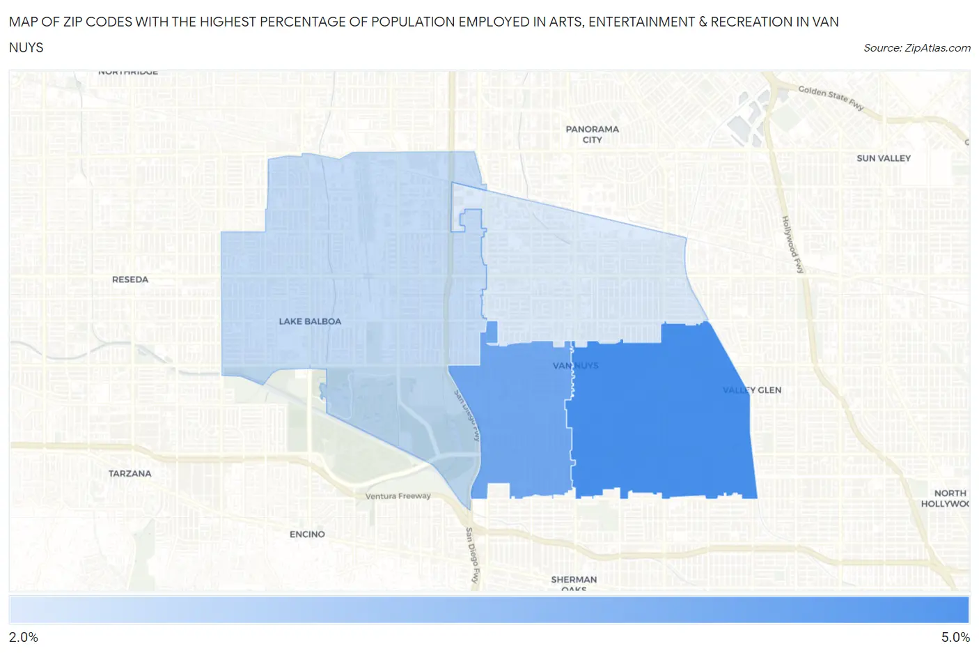 Zip Codes with the Highest Percentage of Population Employed in Arts, Entertainment & Recreation in Van Nuys Map