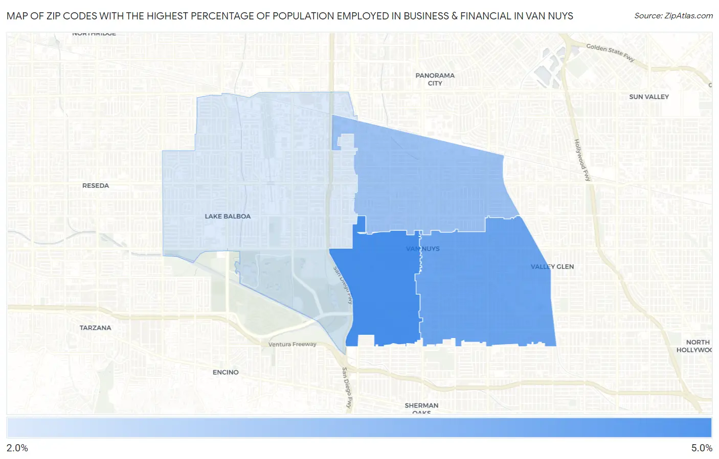 Zip Codes with the Highest Percentage of Population Employed in Business & Financial in Van Nuys Map